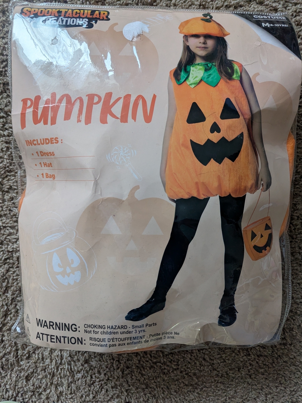 Spooktacular Creations Pumpkin Costume Kids M 8-10 Yrs - 3 Pc Set Dress Hat Bag
